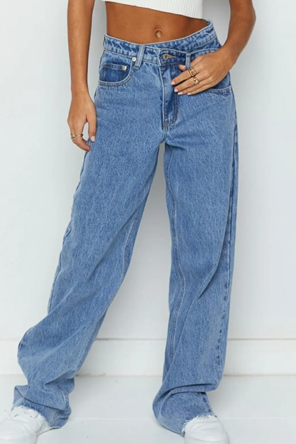 Clearance Dear-Lover Mid Rise Asymmetrical Waist Wide Leg Jeans Blue