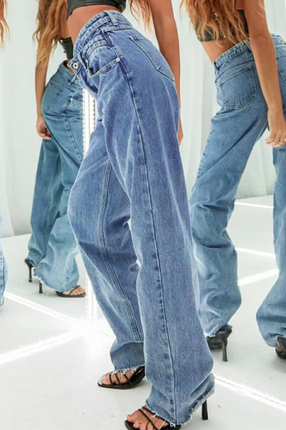 Clearance Dear-Lover Mid Rise Asymmetrical Waist Wide Leg Jeans Blue