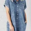 Best Dear-Lover Mineral Wash Cuffed Sleeve Frayed Hem Denim Dress Blue