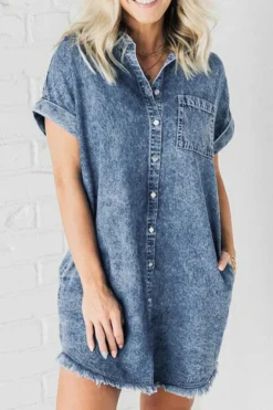Best Dear-Lover Mineral Wash Cuffed Sleeve Frayed Hem Denim Dress Blue