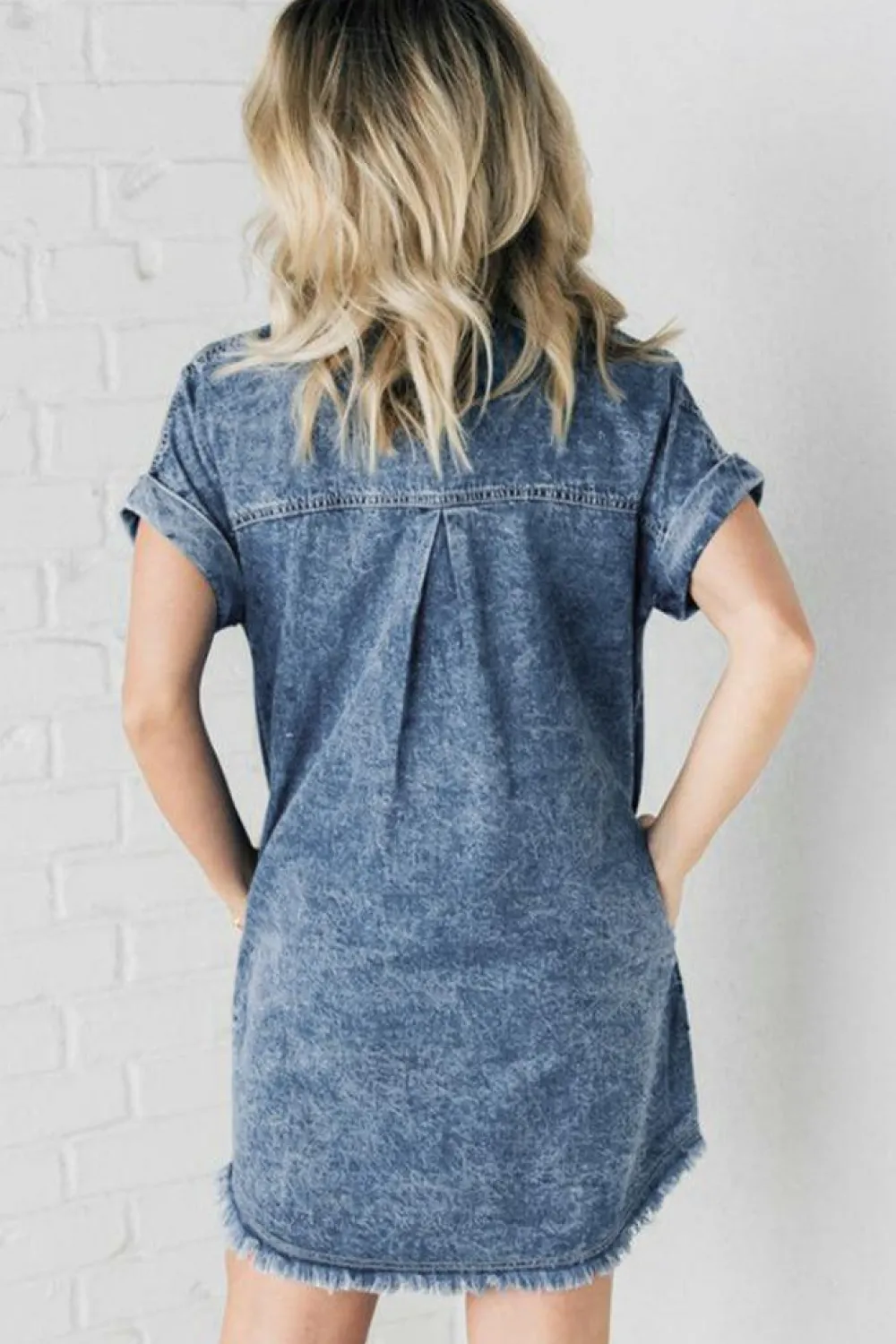 Best Dear-Lover Mineral Wash Cuffed Sleeve Frayed Hem Denim Dress Blue