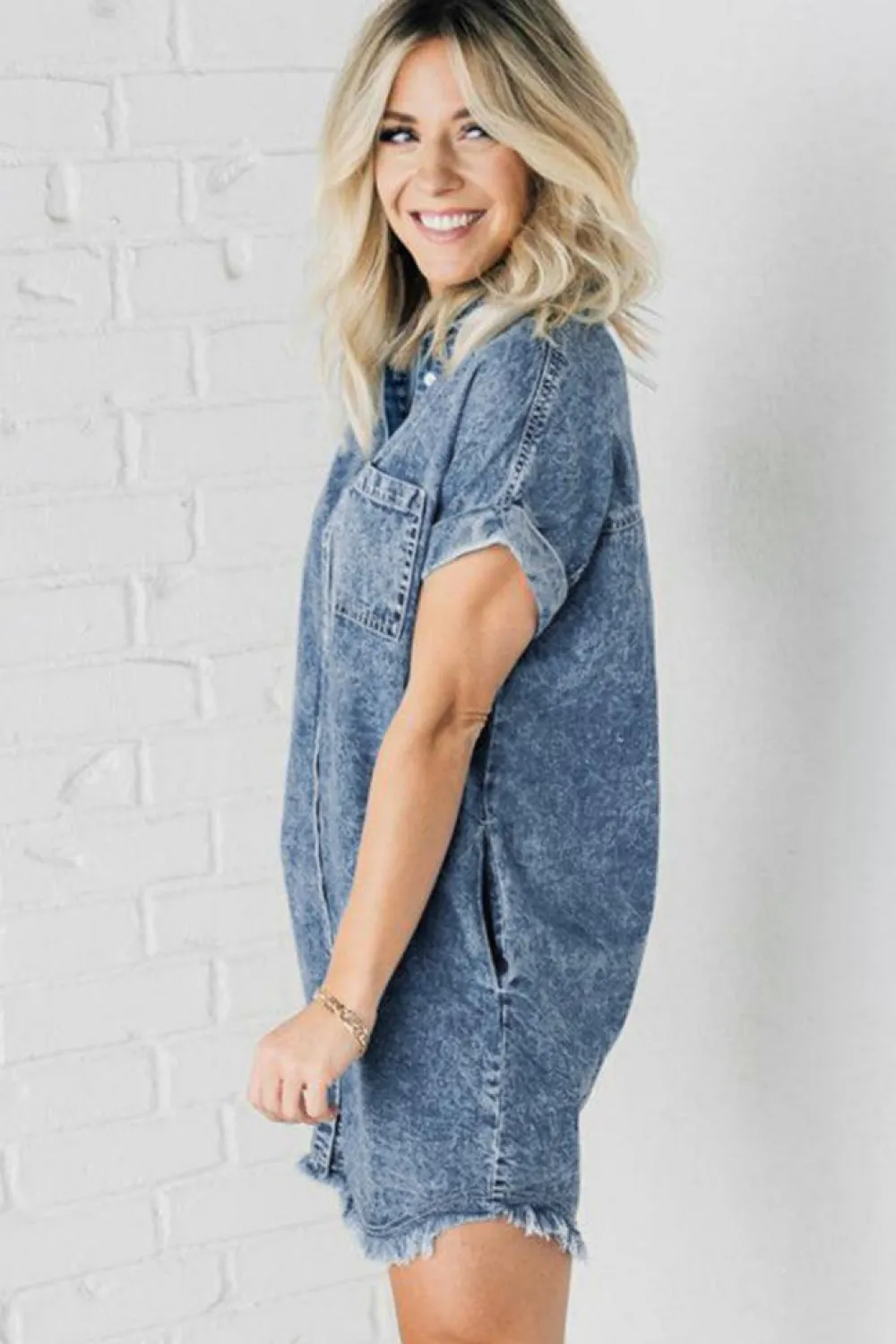 Best Dear-Lover Mineral Wash Cuffed Sleeve Frayed Hem Denim Dress Blue