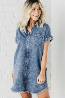 Best Dear-Lover Mineral Wash Cuffed Sleeve Frayed Hem Denim Dress Blue