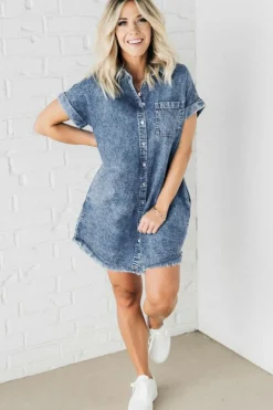 Best Dear-Lover Mineral Wash Cuffed Sleeve Frayed Hem Denim Dress Blue