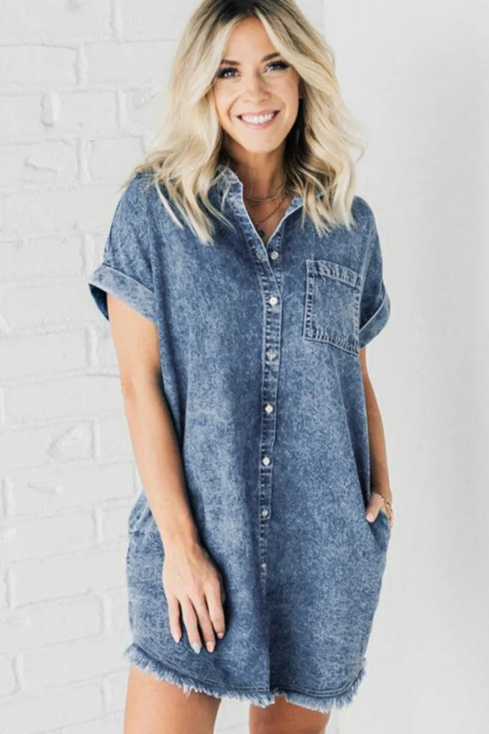 Best Dear-Lover Mineral Wash Cuffed Sleeve Frayed Hem Denim Dress Blue