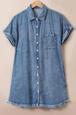 Best Dear-Lover Mineral Wash Cuffed Sleeve Frayed Hem Denim Dress Blue