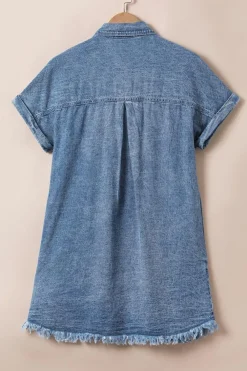 Best Dear-Lover Mineral Wash Cuffed Sleeve Frayed Hem Denim Dress Blue