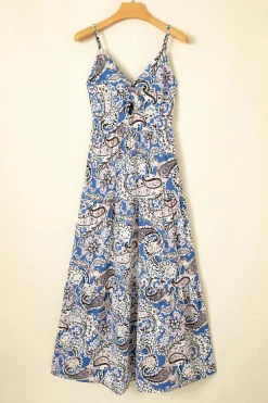 Outlet Dear-Lover Paisley Print Twist Detail Smocked Back Spaghetti Straps Long Dress Blue