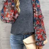 Discount Dear-Lover Pale Chestnut Ruffle Tiered Floral Sleeve Crew Neck Blouse Blue