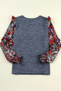 Discount Dear-Lover Pale Chestnut Ruffle Tiered Floral Sleeve Crew Neck Blouse Blue