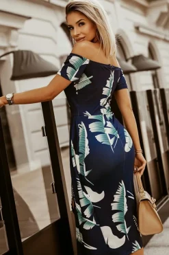 Discount Dear-Lover Pattern Print Off Shoulder Slit Bodycon Midi Dress Blue