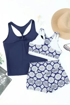 Discount Dear-Lover 3pcs Printed Sporty Racerback Tankini Swimsuit Blue