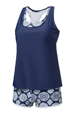 Discount Dear-Lover 3pcs Printed Sporty Racerback Tankini Swimsuit Blue