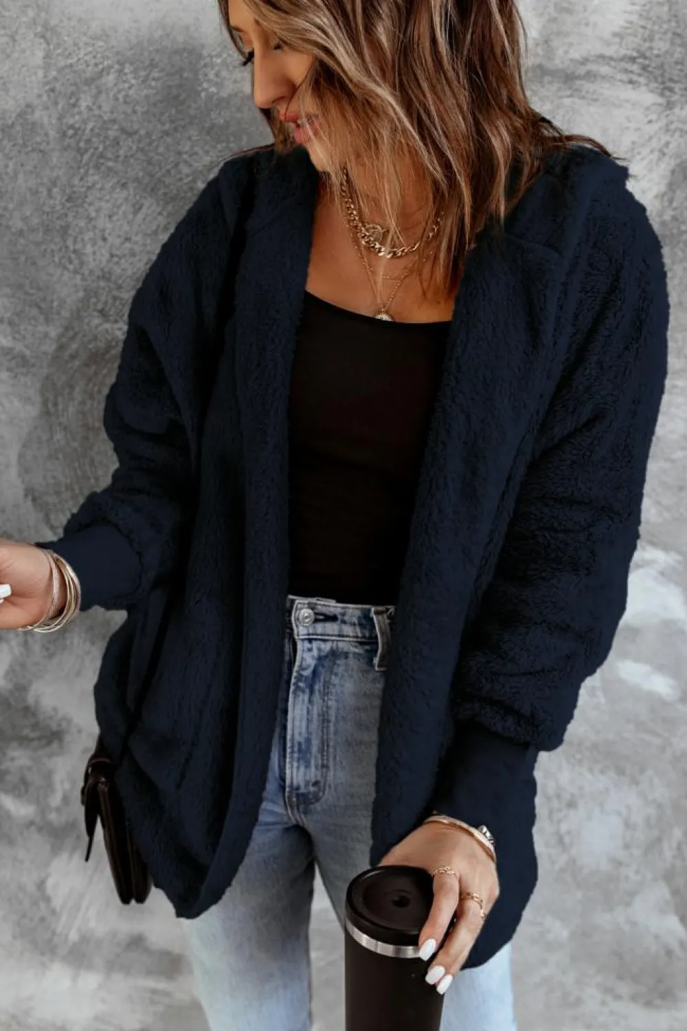 Outlet Dear-Lover Pink Soft Fleece Hooded Open Front Jacket Blue