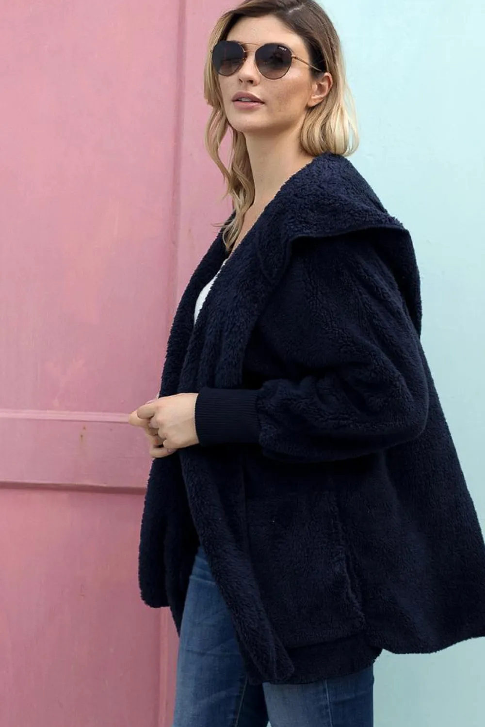 Outlet Dear-Lover Pink Soft Fleece Hooded Open Front Jacket Blue