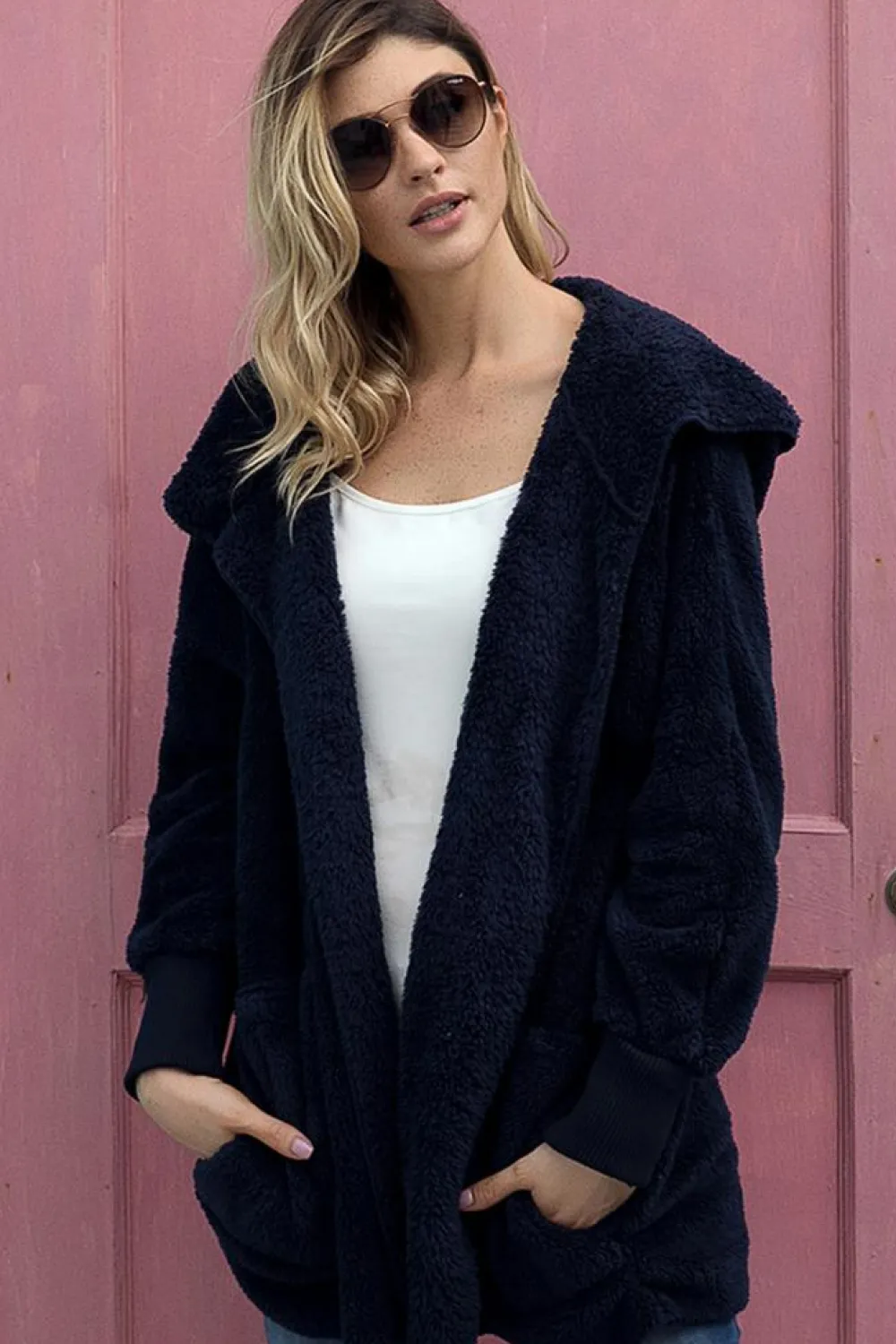 Outlet Dear-Lover Pink Soft Fleece Hooded Open Front Jacket Blue