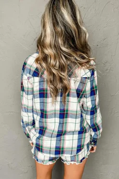 Best Dear-Lover Plaid Print Shirt and Shorts 2Pcs Lounge Set Blue