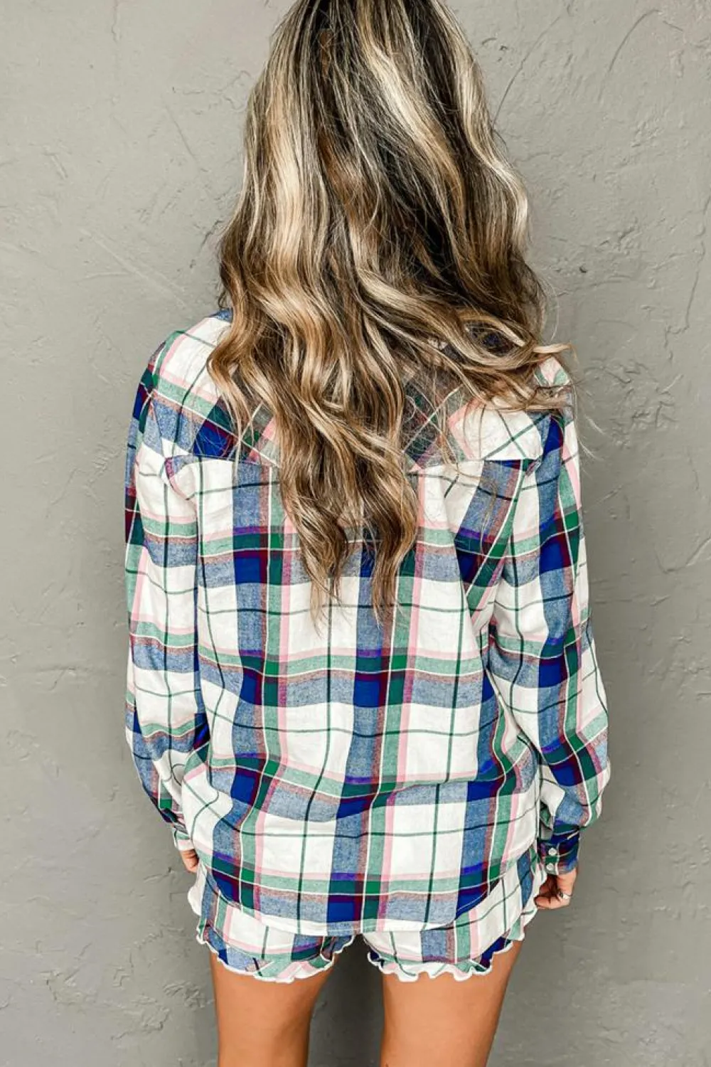 Best Dear-Lover Plaid Print Shirt and Shorts 2Pcs Lounge Set Blue