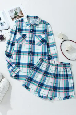 Best Dear-Lover Plaid Print Shirt and Shorts 2Pcs Lounge Set Blue