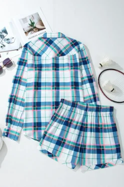 Best Dear-Lover Plaid Print Shirt and Shorts 2Pcs Lounge Set Blue