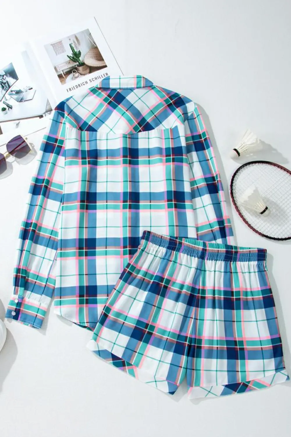 Best Dear-Lover Plaid Print Shirt and Shorts 2Pcs Lounge Set Blue