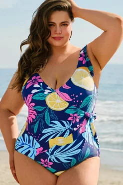 New Dear-Lover Plus Size Printed V Neck Wrap Knot Ruffled One Piece Swimwear Blue