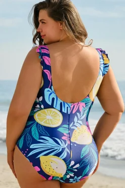 New Dear-Lover Plus Size Printed V Neck Wrap Knot Ruffled One Piece Swimwear Blue