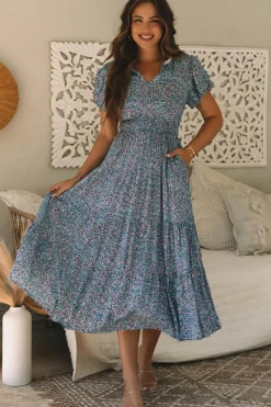 Sale Dear-Lover Printed V Neck Shirred Short Puff Sleeve Maxi Dress Blue