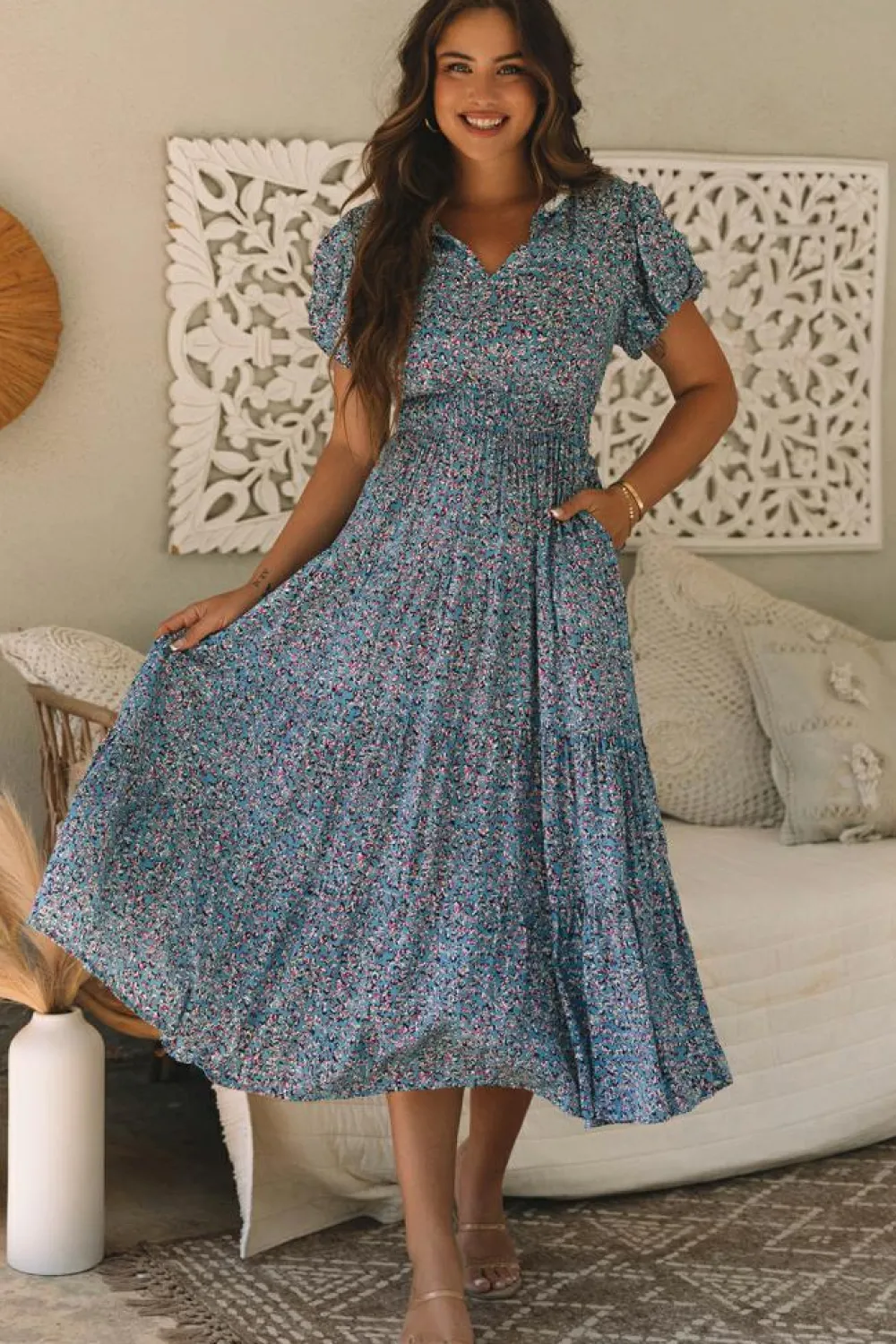 Sale Dear-Lover Printed V Neck Shirred Short Puff Sleeve Maxi Dress Blue