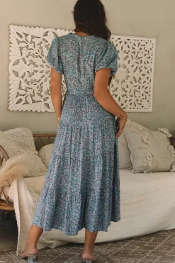 Sale Dear-Lover Printed V Neck Shirred Short Puff Sleeve Maxi Dress Blue