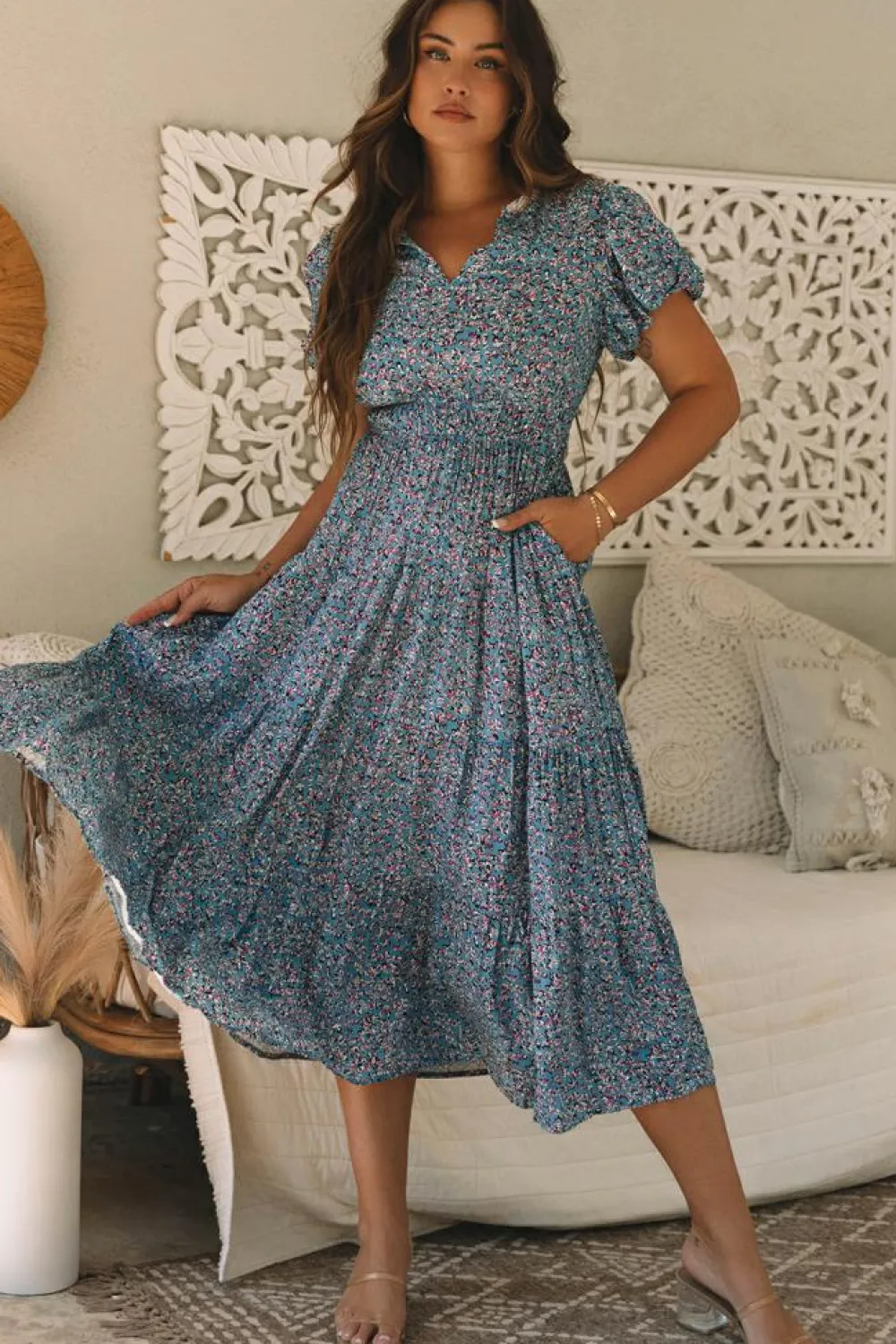 Sale Dear-Lover Printed V Neck Shirred Short Puff Sleeve Maxi Dress Blue