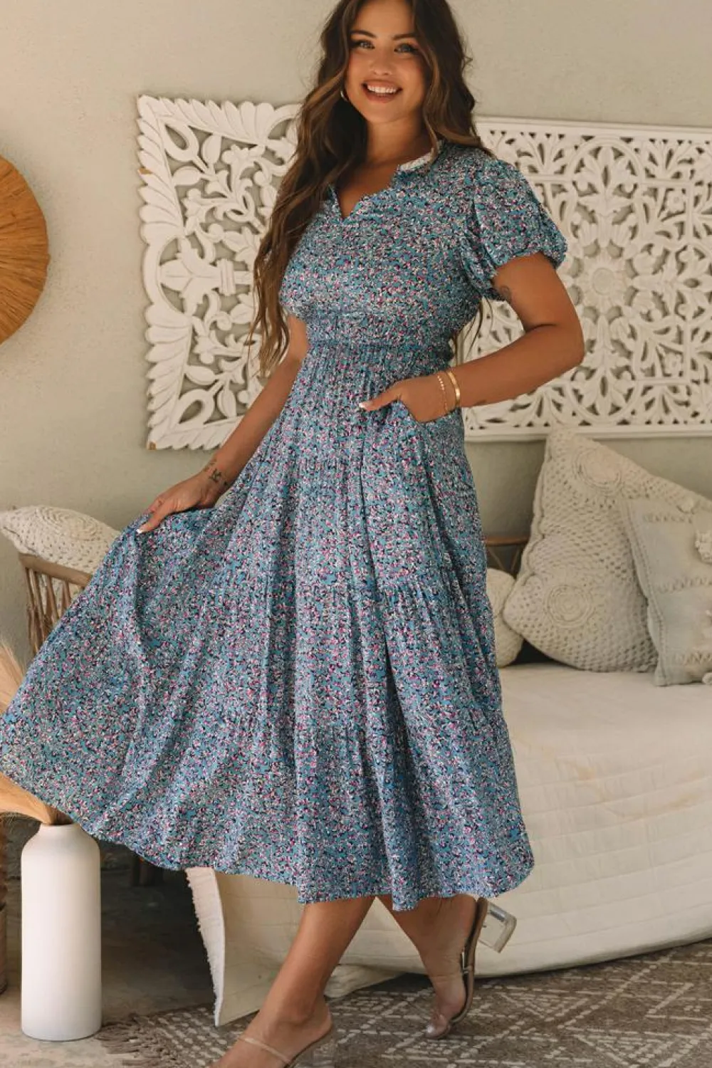 Sale Dear-Lover Printed V Neck Shirred Short Puff Sleeve Maxi Dress Blue