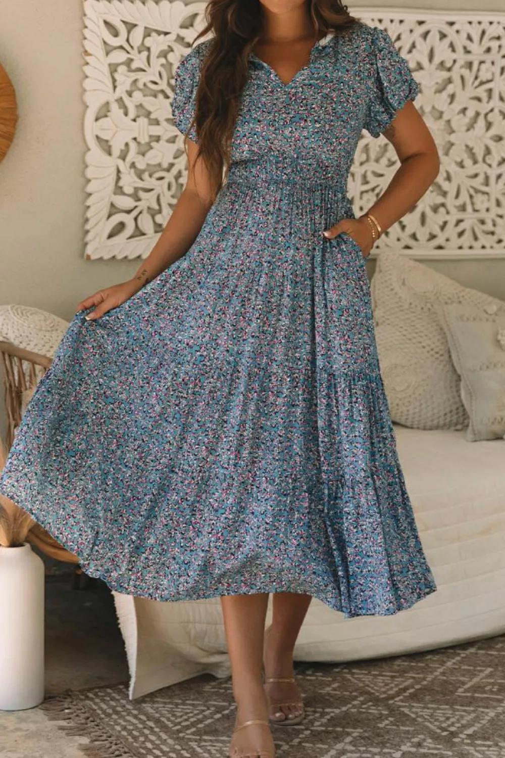 Sale Dear-Lover Printed V Neck Shirred Short Puff Sleeve Maxi Dress Blue