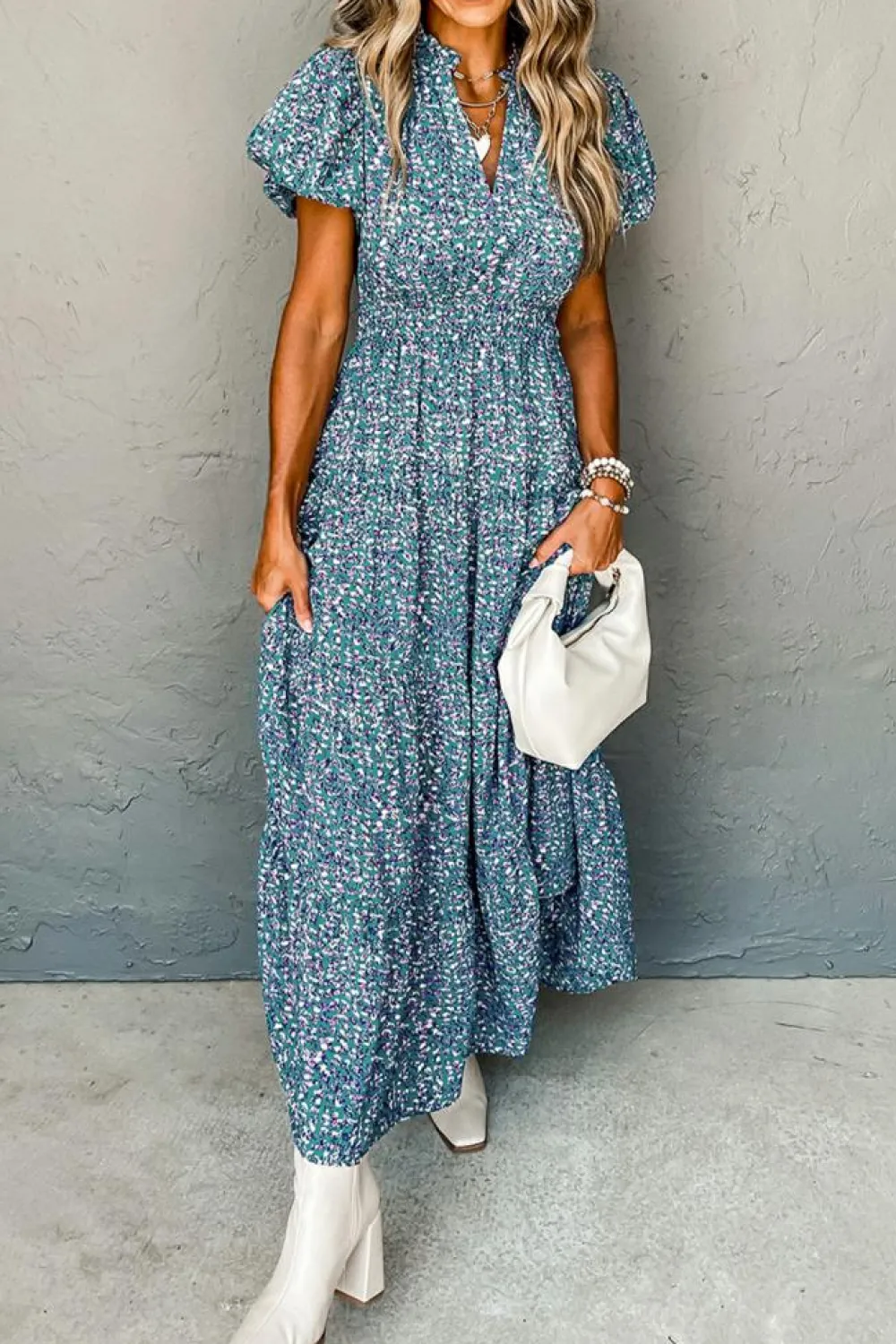Sale Dear-Lover Printed V Neck Shirred Short Puff Sleeve Maxi Dress Blue