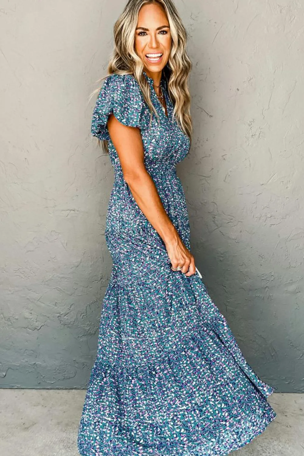 Sale Dear-Lover Printed V Neck Shirred Short Puff Sleeve Maxi Dress Blue