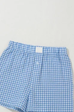 Best Dear-Lover Red Plaid Gingham Printed High Waist Shorts blue