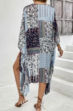 Fashion Dear-Lover Retro Floral Print Long Loose Open Front Kimono Blue