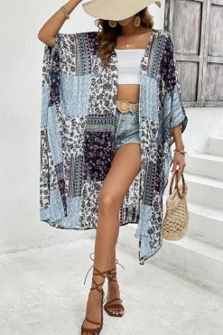 Fashion Dear-Lover Retro Floral Print Long Loose Open Front Kimono Blue