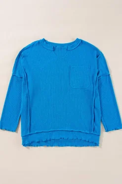 Online Dear-Lover Ribbed Exposed Seam Knit V Neck Long Sleeve Top Blue