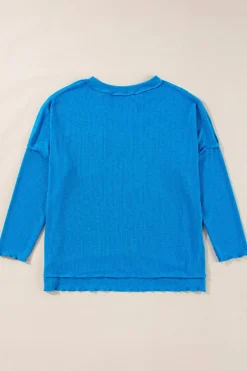 Online Dear-Lover Ribbed Exposed Seam Knit V Neck Long Sleeve Top Blue