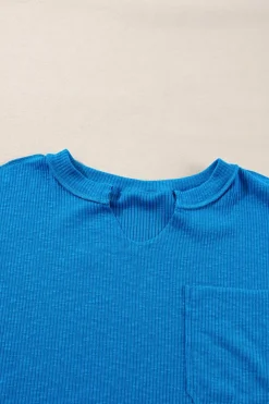 Online Dear-Lover Ribbed Exposed Seam Knit V Neck Long Sleeve Top Blue