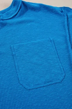 Online Dear-Lover Ribbed Exposed Seam Knit V Neck Long Sleeve Top Blue