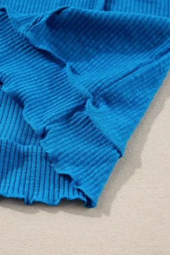 Online Dear-Lover Ribbed Exposed Seam Knit V Neck Long Sleeve Top Blue