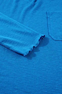 Online Dear-Lover Ribbed Exposed Seam Knit V Neck Long Sleeve Top Blue