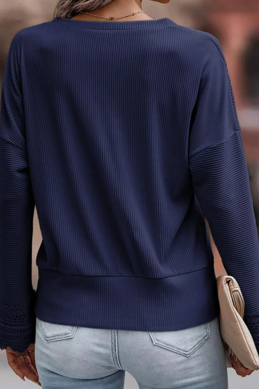 Best Dear-Lover Ribbed Texture Lace Trim V Neck Long Sleeve Top Blue