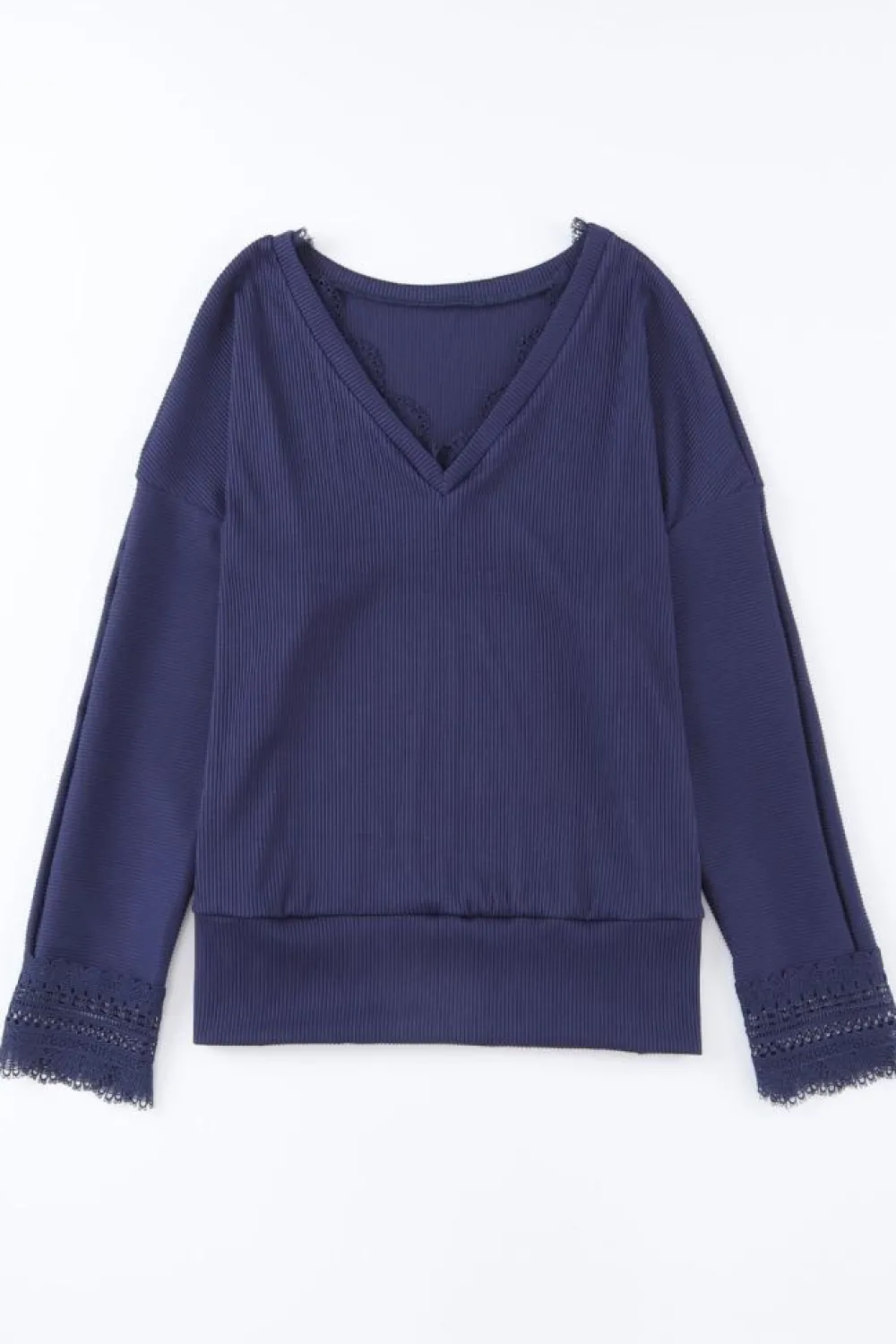 Best Dear-Lover Ribbed Texture Lace Trim V Neck Long Sleeve Top Blue