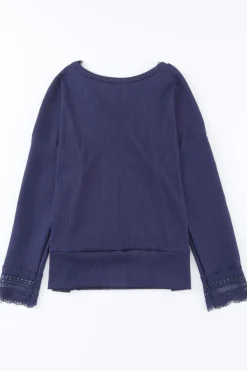 Best Dear-Lover Ribbed Texture Lace Trim V Neck Long Sleeve Top Blue