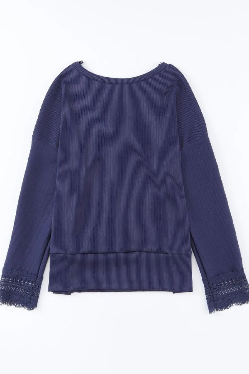 Best Dear-Lover Ribbed Texture Lace Trim V Neck Long Sleeve Top Blue