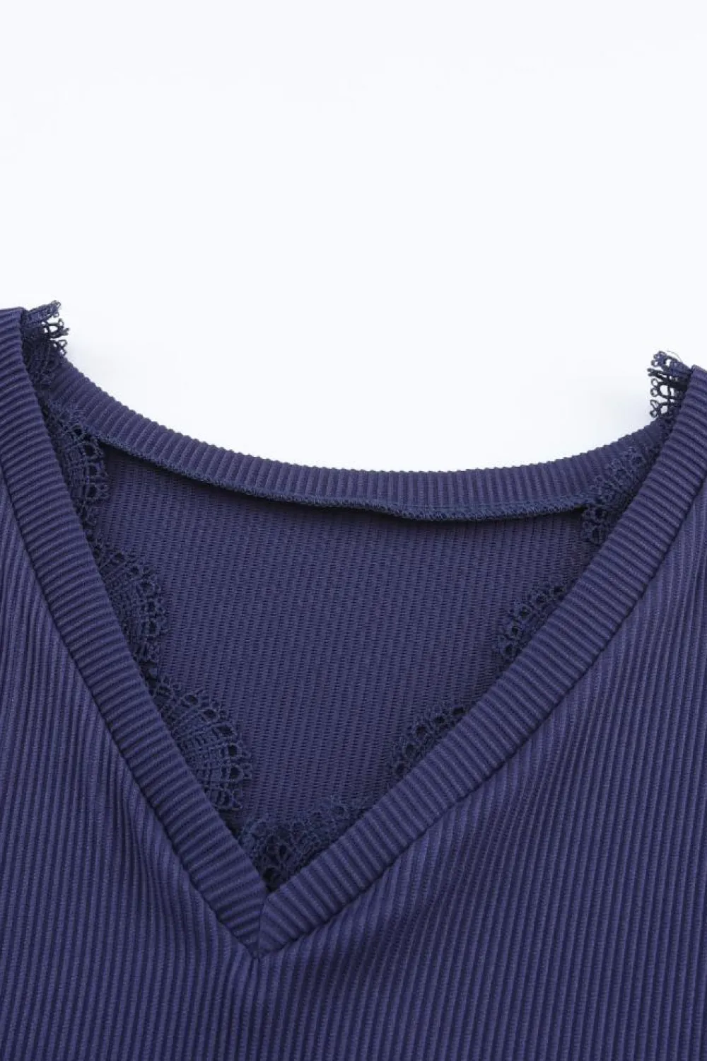 Best Dear-Lover Ribbed Texture Lace Trim V Neck Long Sleeve Top Blue