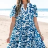 Sale Dear-Lover Ricrac Trim Split Neck Floral Loose Dress Blue